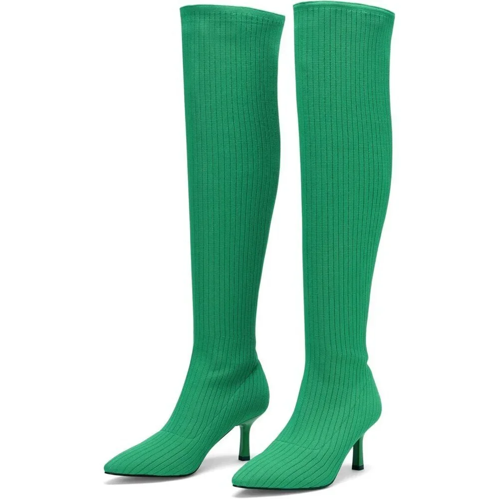 Women's Green Thigh High Socks Pointed Toe Over-the- Knee High Heel Boots